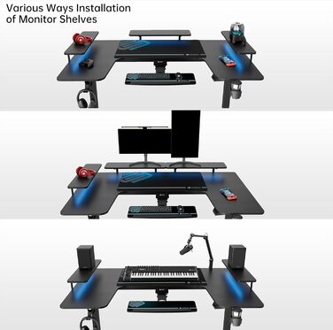 Електричний стіл з регульованою висотою 190110 см U-подібний ігровий стіл Великий кутовий стіл з регульованою висотою з підставкою для клавіатури, комп&39ютерний стіл з 3 підставками для світлодіодних моніторів ERK-U71-B-2-EU Чорний