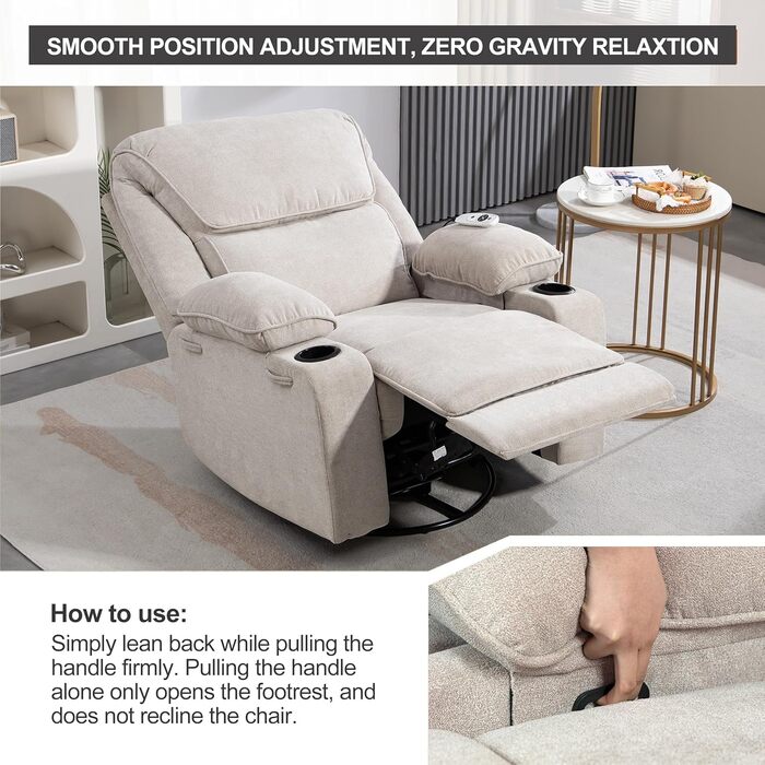 Крісло-гойдалка з функцією масажу, крісло для телевізора з функцією відкидання, вібрація, підігрів, товста спинка та підлокітники, масажне крісло з функцією гойдання, поворот на 360, бежевий