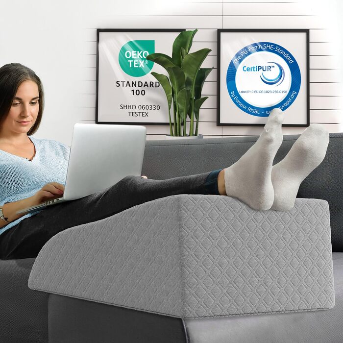 Подушка для підняття ніг ELONEO з піни з ефектом пам&39яті, подушка для ніг для полегшення, позиціонуюча подушка зі знімним чохлом, 62x40x24 см, сірий