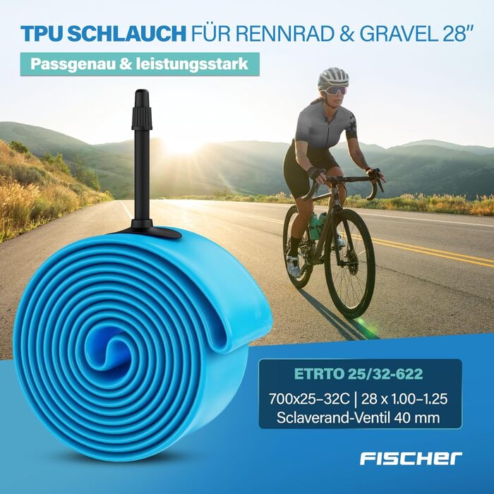 Камера велосипедна FISCHER TPU для шосейного велосипеда, 28 (700x18-25C), надлегка, захист від проколів, міцна, компактна та з високою герметичністю, з вентилем Presta (французький тип)