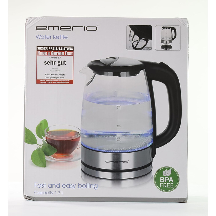 Скляний чайник EMERIO ємністю 1,7 л 2200 Вт синє світлодіодне внутрішнє освітлення підставка на 360 Переможець тесту Ціна/якість д