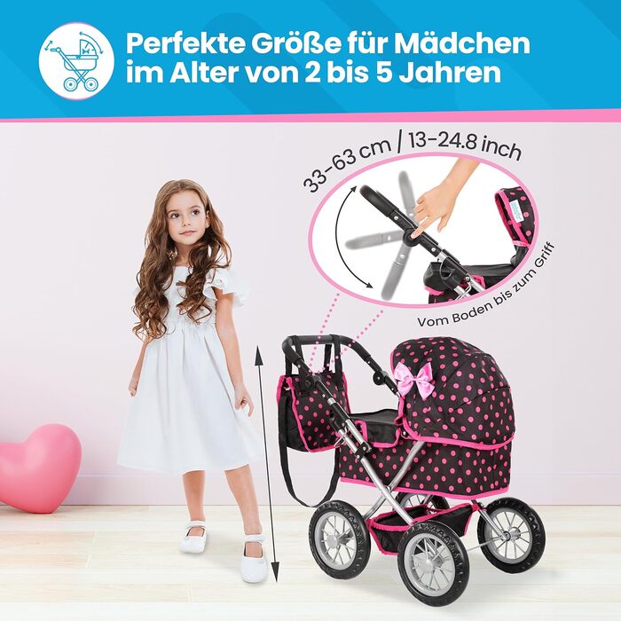 Коляска для ляльок Kinderplay від 2 років, лялькова коляска - легка і стійка конструкція, регулюється по висоті від 33 до 63 см, K