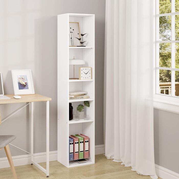 Книжкова полиця WOLTU, відкрита полиця з 5 кубиками, кубічна полиця, роздільник кімнати, полиця для документів, вузька полиця для зберігання, для вітальні, офісу, виготовлена з деревного матеріалу, біла, 30x1526 см, SK034ws 5 полиць (26Г x 30Ш x 151В см) 
