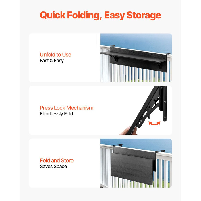 Балконний стіл VEVOR, 800x300 мм, Складаний підвісний балконний стіл, Розкладний стіл для використання на вулиці, Вантажопідйомність 22 кг, Підходить для перил від 25,4 до 109,22 мм, Сервірувальний стіл для тераси та палуби 800 x 450 x 240 мм