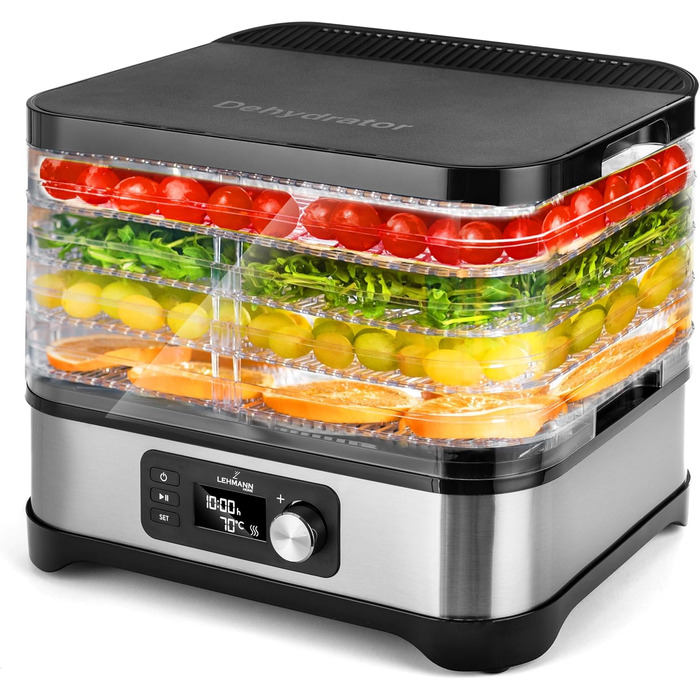 Дегідратор нержавіюча сталь 450W Сушарка для їжі з 5 рівнями дегідратора Дегідратор з регулятором температури 35-70C Сушарка для фруктів, грибів, м'яса, трав, без бісфенолу А, 4525