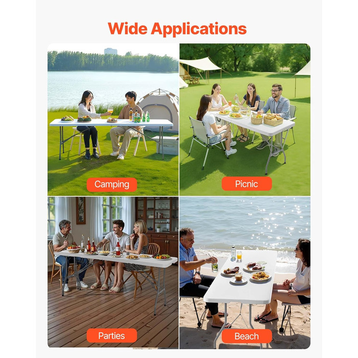 Розкладний фуршетний стіл VEVOR, портативний універсальний стіл, 244 см, прямокутний пластиковий стіл (для 6-8 осіб) з інтегрованою ручкою, садовий стіл, кемпінговий стіл для вечірок, пікніків, кемпінгу, білий