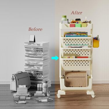 Мобільна книжкова полиця на колесах, органайзер для журналів/книг, візок для зберігання книг, 5-ярусна книжкова полиця на колесах для спальні, офісу та школи (біла)