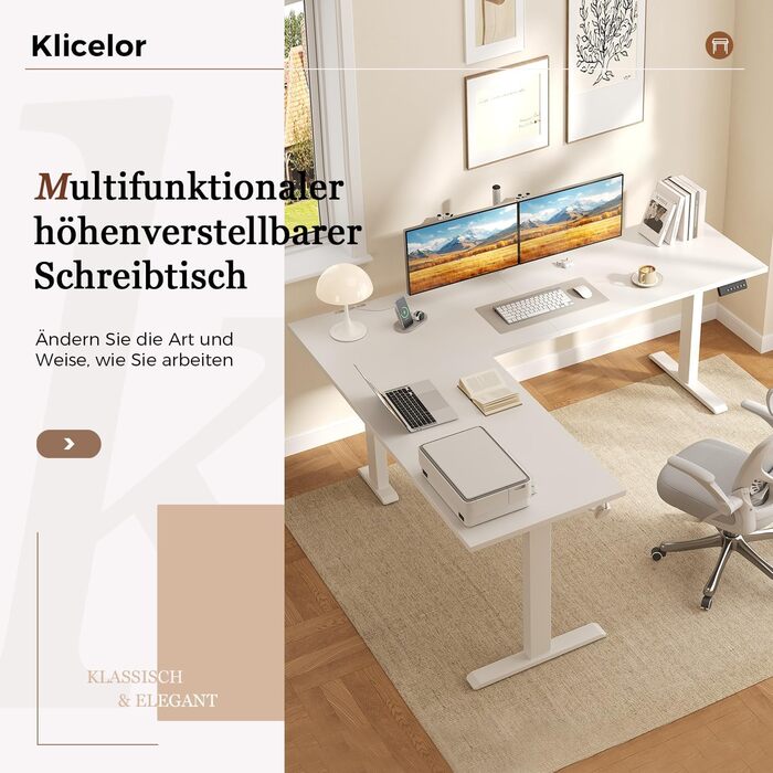 Г-подібний електричний стіл Klicelor, регульована висота, 190 x 155 см, Г-подібний стіл для роботи стоячи з 3 функціями пам&39яті та технологією запобігання зіткненням, ергономічний комп&39ютерний стіл, білий 190 x 155 см білий