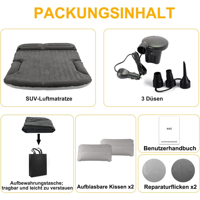 Автомобільний матрац KMZ, 2 подушки, надувний матрац для автомобіля, двосторонній потовщений флокований автомобільний матрац, надувне ліжко для багажника та заднього сидіння, темно-сірий