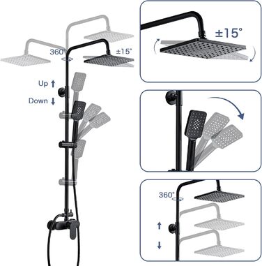 Душова система Namuoto з душовою арматурою чорного кольору, тропічний душ, який регулюється по висоті, набір для душу, включаючи змішувач, верхній душ, ручний душ, душову штангу та шланг, душовий набір із арматурою