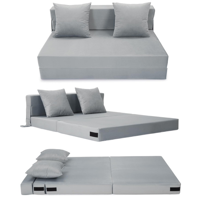 Диван-ліжко HAUSPROFI з оксамитовою оббивкою та 2 подушками, знімний чохол, який можна прати, розкладний матрац з високоеластичною PU губкою, спальна зона 140 см x 200 см (сірий)