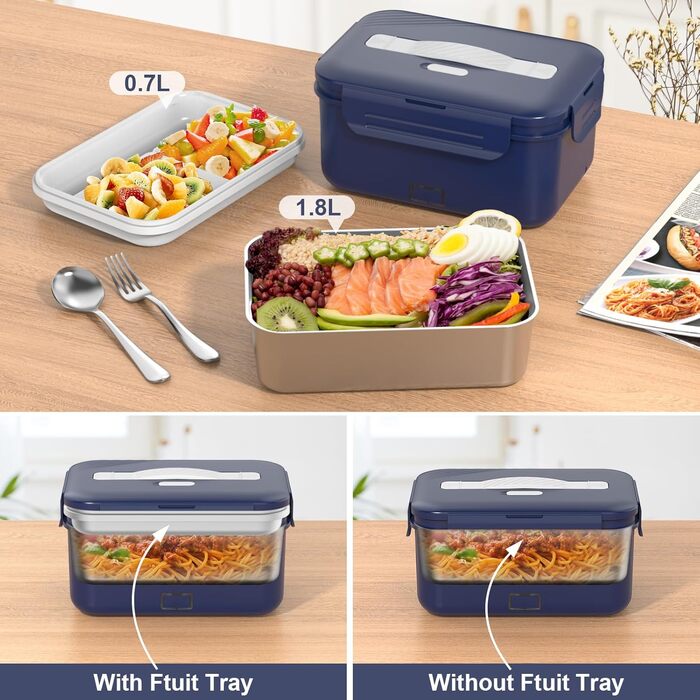 Електричний ланч-бокс потужністю 100 Вт для дорослих, термобокс 3-в-1 12/24/220 В зі столовими приборами та ізольованою сумкою для ланчу, герметичний, великий контейнер об&39ємом 1,8 л, ланч-бокс з відділеннями для автомобіля, вантажівки, офісу, темно-син