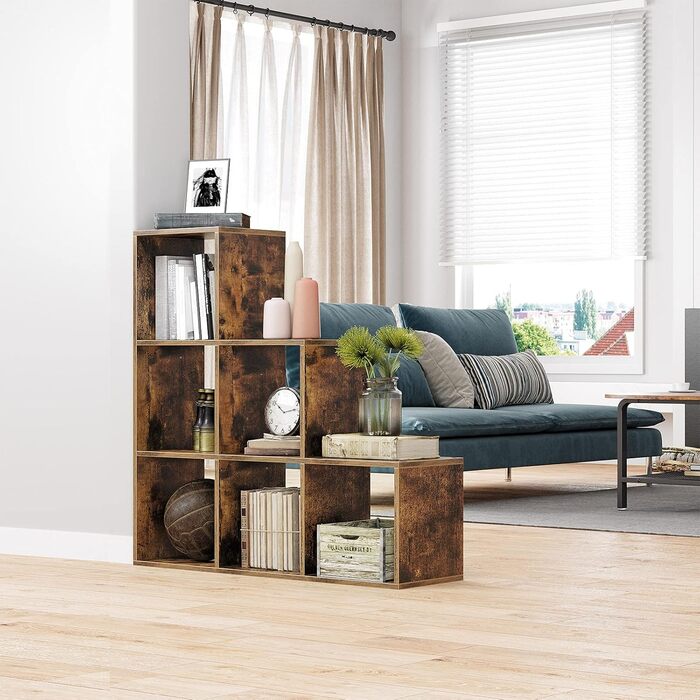 Книжкова полиця VASAGLE, полиця для сходів, перегородка, меблі для зберігання, 6 полиць, для офісу, вітальні, спальні, рустикальний коричневий LBC63BX