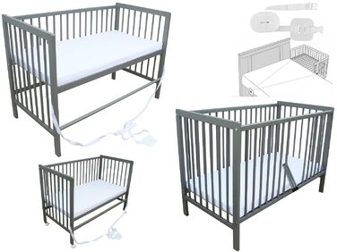 Дитяче ліжко Micoland - Приставне ліжко - Дитяче ліжко 120x60 см, що трансформується, з ремінцем, колесами та матрацом (сіре з матрацом)