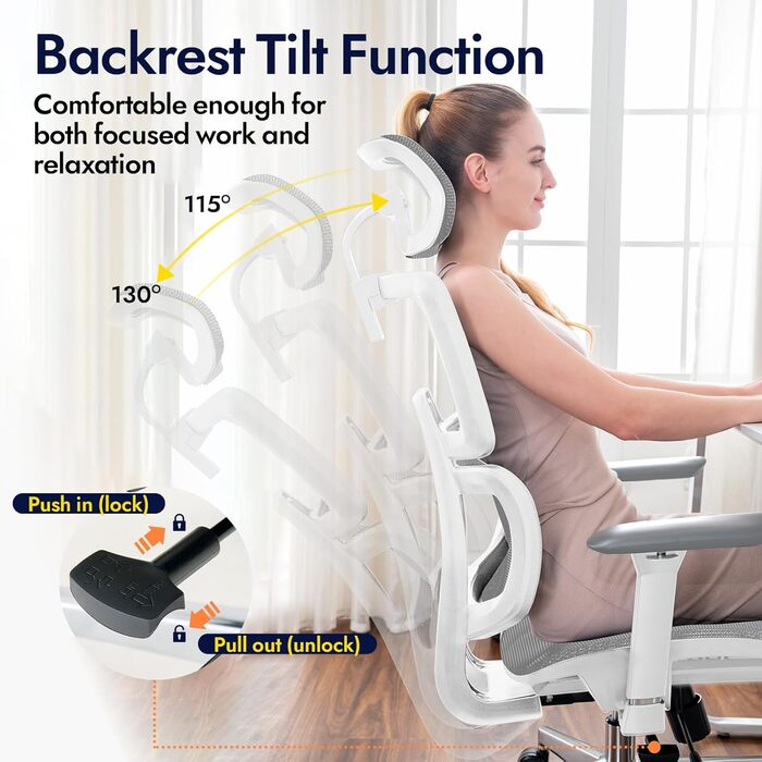 Ергономічне офісне крісло, висока спинка з сітчастого покриття та поперековою опорою, ігрове крісло з регульованими 3D-підлокітниками та підголівником, велике та високе обертове комп&39ютерне крісло, білий колір, 150 кг