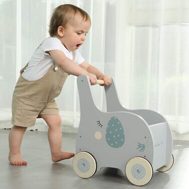 Дитячі ходунки Labebe Baby Walker Wood, ходунки для немовлят Baby Grey Elephant з місцем для зберігання на 1-3 роки, вільні від прогулянок/ходунки/іграшки для малюків/іграшки/коляска/розваги для дітей/ходунки