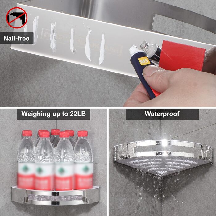 Кутова полиця для душу DUFU без свердління, самоклеюча, з нержавіючої сталі SUS304 та ABS-пластику. Набір з 2 кутових кошиків для душу з 2 гачками для організації ванної кімнати, сріблястого кольору (A-срібло).
