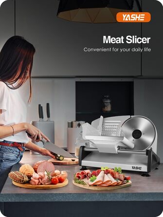 Електричний нарізувач їжі YASHE SL-518 - Нарізка для м'яса та хліба потужністю 250 Вт з регульованою товщиною 0-15 мм, 2 знімними лезами з нержавіючої сталі 19 см, запобіжним замком і всмоктувальної основою