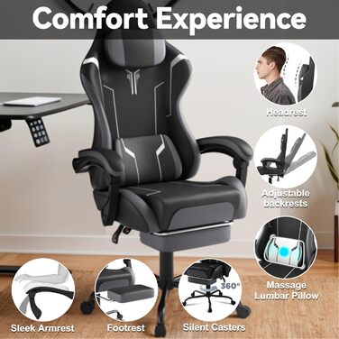Ігрове крісло Froadp з масажем, підставкою для ніг та підголівником, ергономічне ігрове крісло з масажною поперековою подушкою, регульована спинка 90-135, шкіра штучна - чорний, сірий та білий