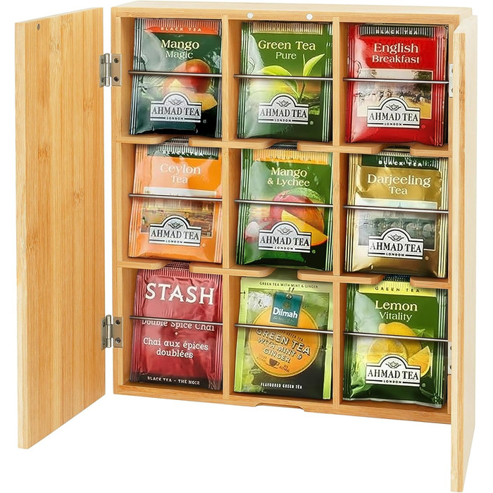 Чайна коробка Relaxdays, 9 відділень, бамбук, ВШХ 31 x 26,5 x 7 см, відділення для чайних пакетиків, кавових капсул, настінна, натуральний/срібний