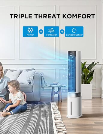 Мобільний охолоджувач повітря Midea з водяним охолодженням, 7л резервуар для води, продуктивність 2000 м/год, Sensicool Smart Temp Control, іонізація, 6 швидкостей, 5 режимів, таймер на 12 годин, сенсорний дисплей, білий колір, резервуар 7л