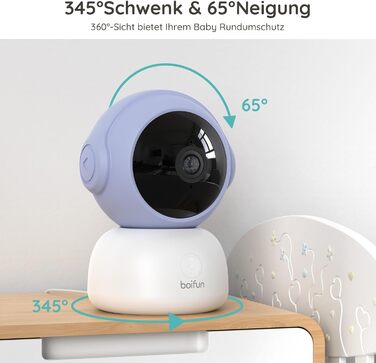 Радіоняня BOIFUN 2K із додатком камери, виявлення плачу/руху/шуму, інтелектуальне нічне бачення, автоматичне відстеження, PTZ 345/