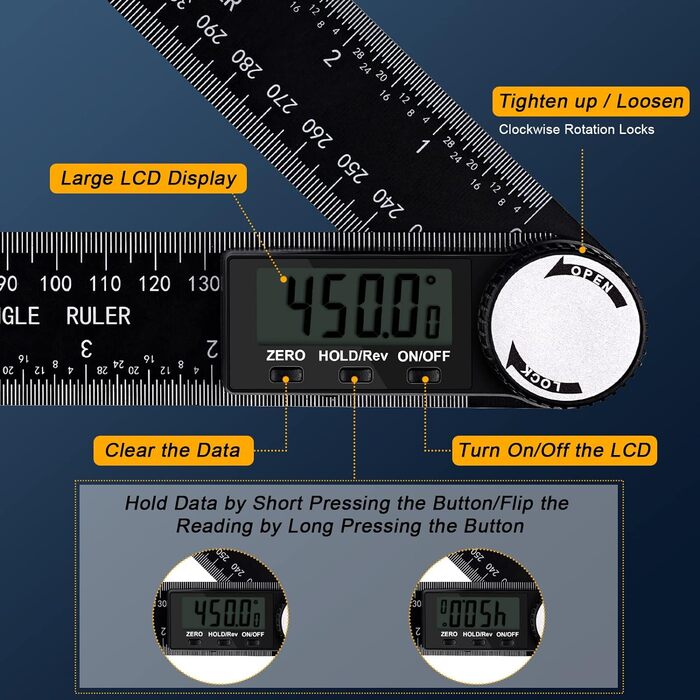 Цифрова кутова лінійка Protractor з РК-дисплеєм Дисплей кута вимірювання кута з нержавіючої сталі для деревообробних майстрів домашньої роботи, вимірювання кута 360, функція утримання 400 мм (стиль 5)
