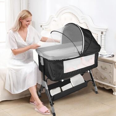 Дитяче ліжечко 3-в-1, дитяча колиска та дорожнє ліжечко, 4-рівневе регулювання висоти дитячого ліжечка, відкидне крісло, ліжечко, колиска для дітей вагою до 25 кг - 104 x 52 x 100-110 см - чорний колір
