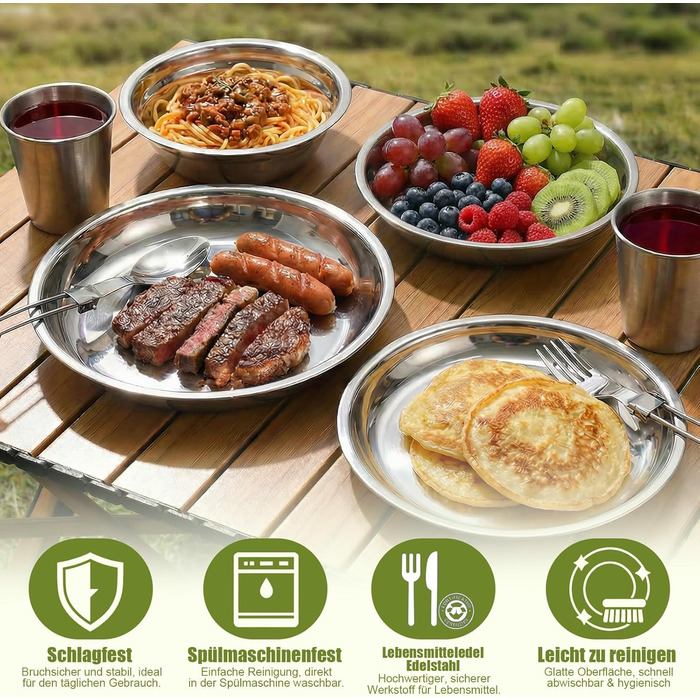 Набір посуду для кемпінгу на 2 особи - нержавіюча сталь 304, тарілки, миски, чашки та столові прибори, чохол та карабін, портативний посуд для пікніків, барбекю та відпочинку на природі (13 предметів)
