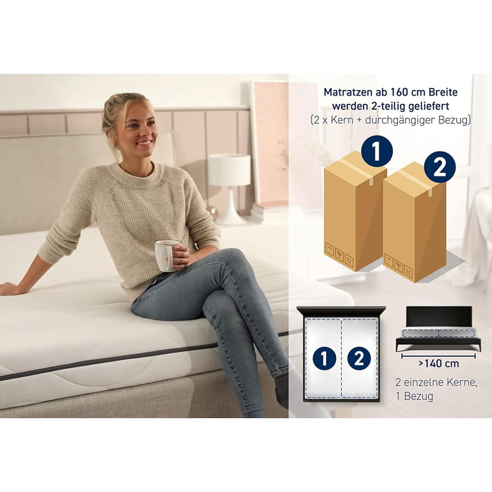 Матрац Irisette Rgen з 1000 пружинами кишенькової конструкції, висота 24 см, 7-зонний двосторонній матрац, рівень жорсткості 3, 160x200 см, сертифікований Oeko-Tex, виготовлений відповідно до німецьких стандартів якості 160 x 200 см H3 - середньої жорстко