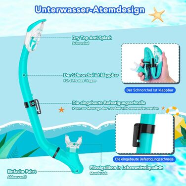 Набір для дитячого підводного плавання з ластами, панорамна маска для дайвінгу з широким оглядом 180 та захистом від запотівання, регульовані ласти, високоякісна маска для підводного плавання та трубка сухого типу, колір аквамариновий