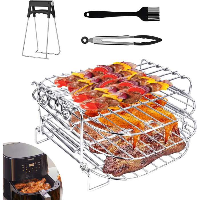 Аксесуари для фритюрниці, 3 рівні решітки для гриля для фритюрниці Багатофункціональна решітка з нержавіючої сталі Стійка для фритюрниці Аксесуари для Philips Airfryer XL 6.2L, COSORI 5.5L 4.7L, Cecotec 6L