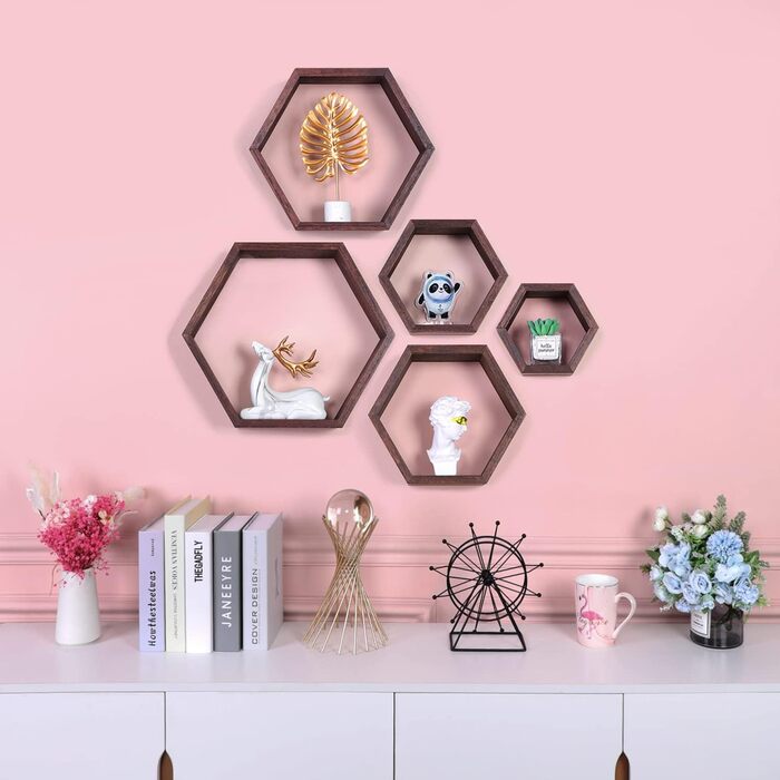 Шестигранні плаваючі полиці, настінні дерев&39яні стільникові настінні полиці для зберігання у фермерському стилі з 5 шт. , для ванної кімнати, кухні, спальні, вітальні, офісу, оздоблення з коряги (горіх) шестигранний волоський горіх