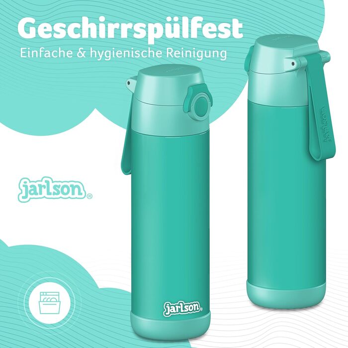 Дитяча пляшка для пиття Jarlson MALI з нержавіючої сталі ТЕРМОС - Герметична дитяча пляшка для пиття - Підходить для газованих напоїв - Термопляшка для школи та дитячого садка (500 мл, бірюзовий колір)