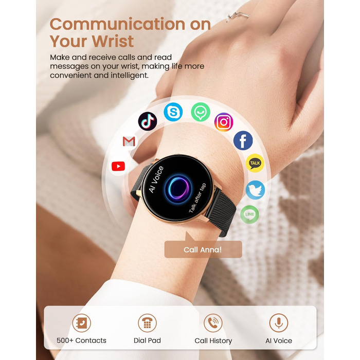 Жіночий круглий смарт-годинник, фітнес-годинник з функцією телефону, 24-годинний монітор серцевого ритму, відстеження SpO2, відстеження менструального циклу, понад 120 спортивних режимів, відстеження сну, водонепроникність IP68, крокомір, сумісний з iOS/A