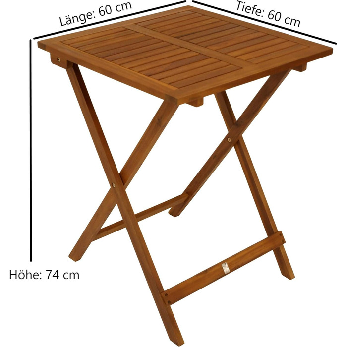 Стіл DEGAMO Бістро, розкладний стіл Ліма, виготовлений з акації, квадратний, 60x60 см, промаслена поверхня, складаний