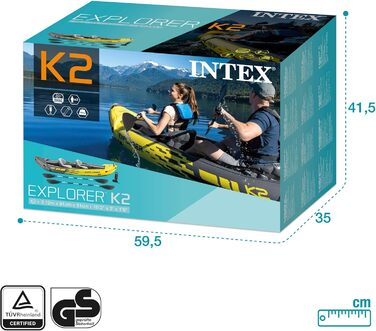 Надувний каяк Intex Explorer K2, комплект для 2 осіб з алюмінієвими веслами та потужним повітряним насосом, 2 особи, одноколірний