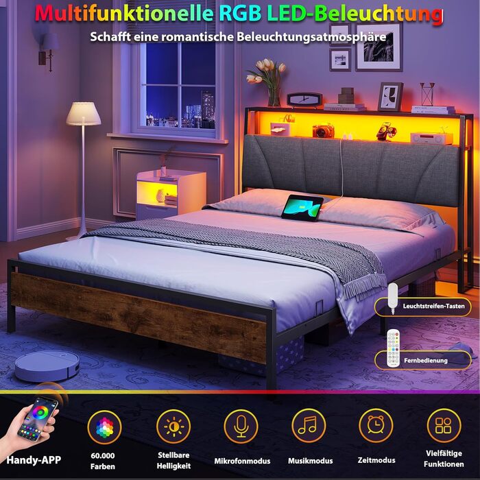 Ліжко 140x200 з металевою рейковою основою, каркас ліжка 140x200 см зі світлодіодним підсвічуванням, металеве ліжко 140x200 з узголів&39ям та зарядною станцією (2 розетки змінного струму та 2 порти USB), дитяче ліжко, двоспальне ліжко, сірий колір, сірий 