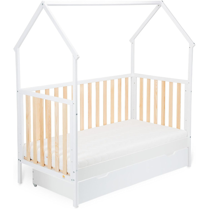 Дитяче ліжко в дизайні будинку, Регульована висота в 3 положеннях, Трансформується в дитяче ліжко (Комфортний матрац/з шухлядою, Білий/Натуральний, 120x60 см) 124Д x 72Ш x 155В см Комфортний матрац/з шухлядою Білий/Натуральний, 120x60