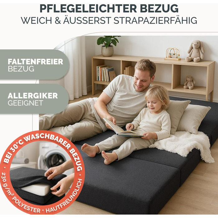 Розкладний матрац Blumtal 140x200 см - 3-секційний розкладний матрац для гостей, надзвичайно товстий (15 см) - розкладний матрац з пінопласту, що дбає про спину - Розкладний матрац чохол антрацитового кольору, приємний для шкіри та пральний, 140 x 200 x 1