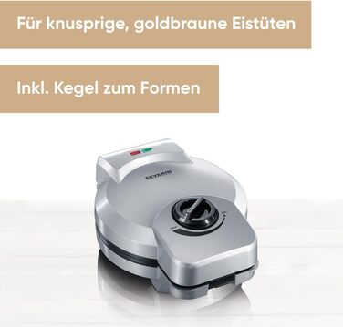Торговий автомат SEVERIN Squirrel для хрустких вафельних ріжків, практична вафельниця для морозива з антипригарним покриттям, конусна праска з конусом для формування конусів, срібло, HA 2082