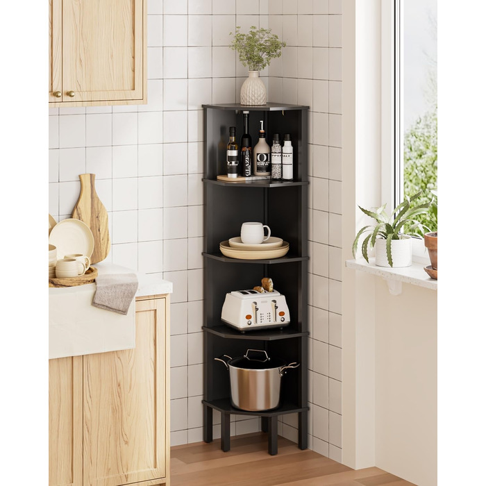 Кутова полиця, кутова книжкова полиця з 5 полицями, полиця для рослин, полиця для зберігання речей у вітальні, офісі, спальні, 127x29x29 см, чорна