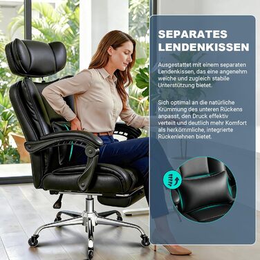 Офісне крісло BASETBL 200 кг, крісло керівника з 4-рівневою газовою пружиною, 3D-підлокітники, регульована поперекова опора та підголівник, тихі гумові ролики, широке сидіння XXL, EN12520, ергономічне офісне крісло чорного кольору з гумовими роликами