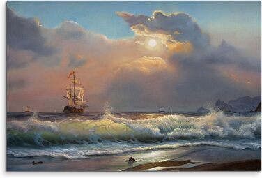 Полотно картина на підрамнику олійний живопис пляж морські хвилі вітрильник хмари полотно фреска як панорама, 120x80