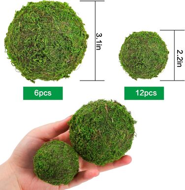 Декоративних кульок із штучного сухого моху - 6 шт. 7,9 см із штучних зелених рослин із моховими кульками 12 шт. 5,6 см кульок ручної роботи, подарунок з моху для дому, миска для тіста, ваза, 18 шт.