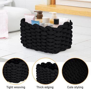 Бавовняні кошики для зберігання, Плетений бавовняний шнур, Кошики для зберігання, Органайзери, Кошики для зберігання для дитячої кімнати, вітальні, ванної кімнати, Розміри D27xH17 см D33xH22 см (Чорні), 2 шт.