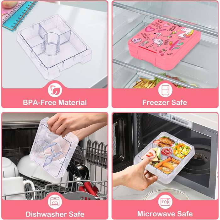 Набір для обіду Павтонґ з термосом для супу 284 мл, герметичні ланч-бокси з 4 відділеннями, дитячий термоконтейнер для їжі/ізотерм, сумка-холодильник, контейнер для харчування в школу, рожевий фламінго