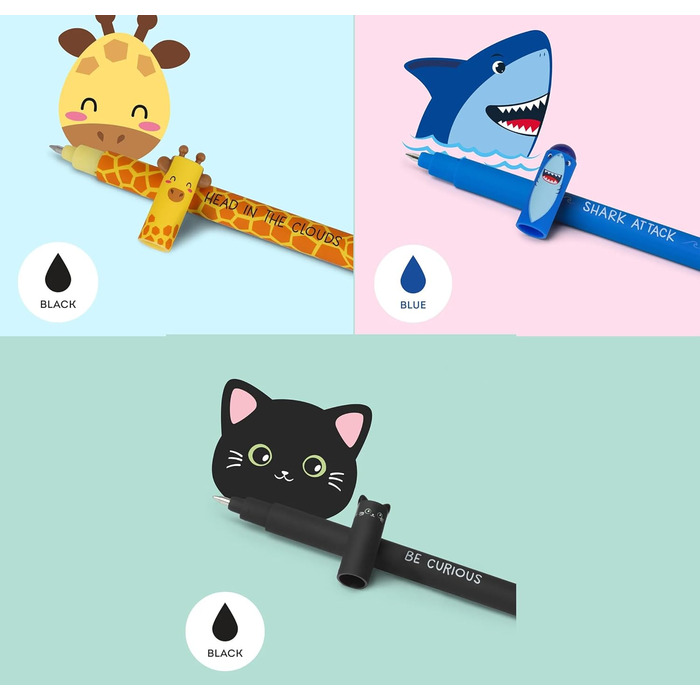 Набір із 14 гелевих ручок, що стираються, з термочутливою гумкою, різні кольори чорнил та дизайни корпусу, наконечник 0,7 мм, мотиви тварин, 14 предметів