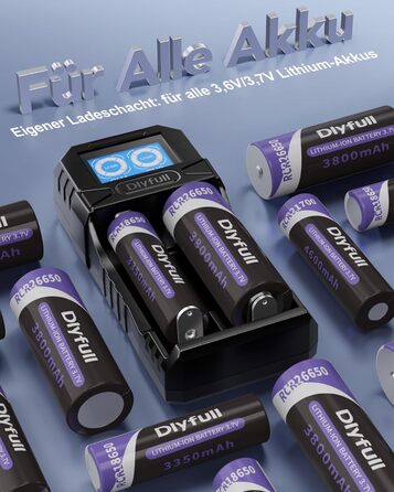 Зарядний пристрій Dlyfull 18650, універсальний зарядний пристрій для літій-іонних акумуляторів 3,7 В, портативний зарядний пристрій USB-C з РК-дисплеєм для 18650, 21700, 26650, 18500, 18350, 17670, 17500, 16340 тощо, 2 відсіки