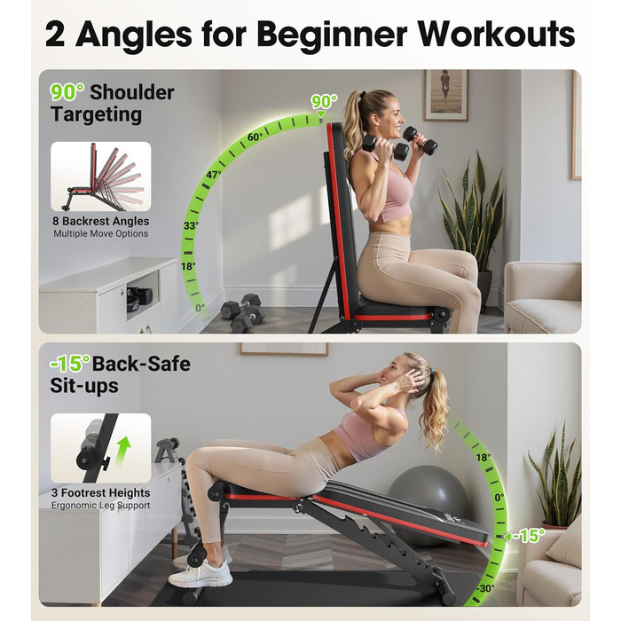 Багатофункціональна силова лава FLYBIRD, регульована спинка у 8 положеннях/регульована підставка для ніг у 3 положеннях, вантажопідйомність 300318 кг, складна тренувальна лава з нахилом 90 для домашнього спортзалу, чорно-червона